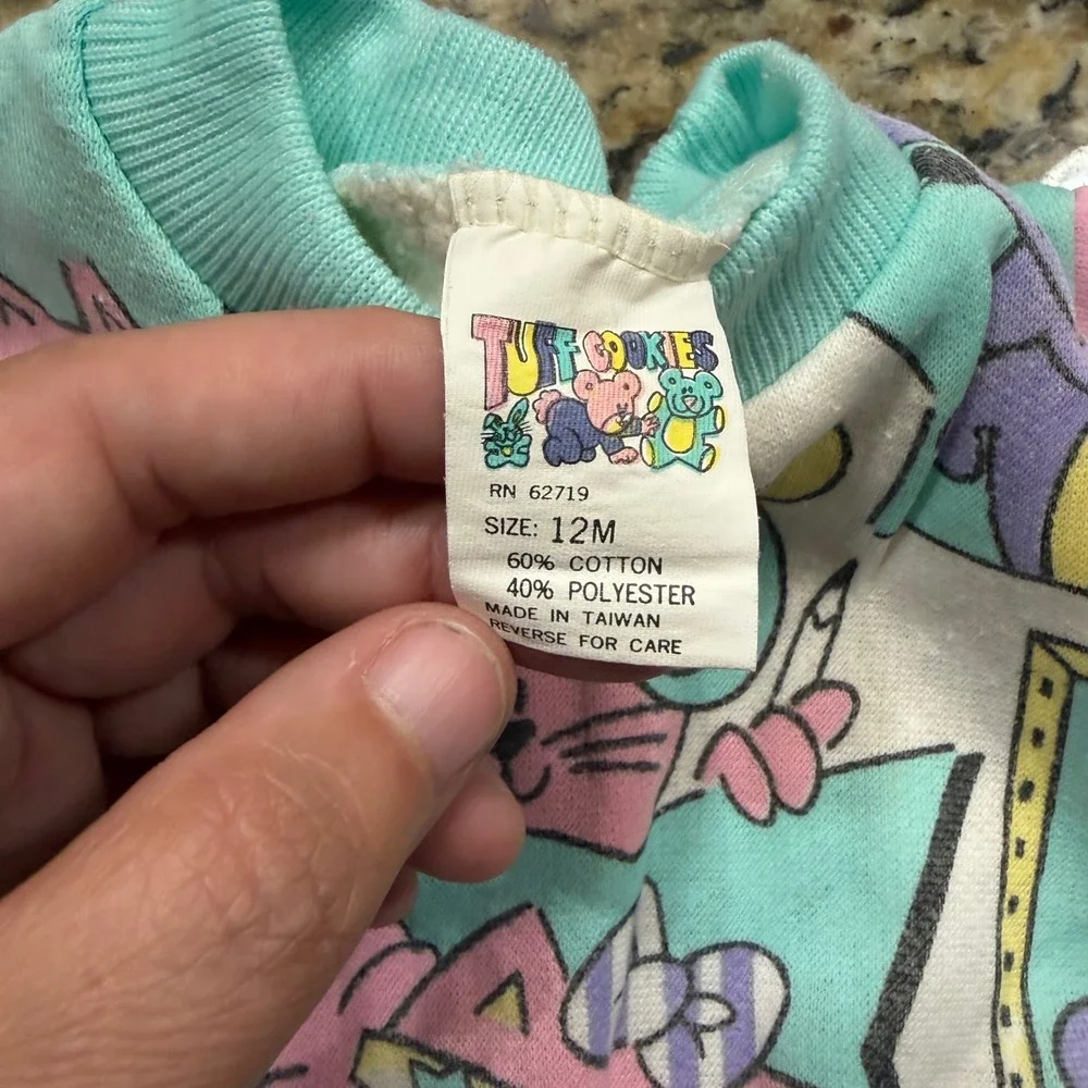 Vintage Tuff Cookies Kids Sweatshirt 12M Pink Turquoise Cat Graphic Pullover